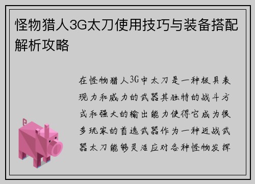 怪物猎人3G太刀使用技巧与装备搭配解析攻略